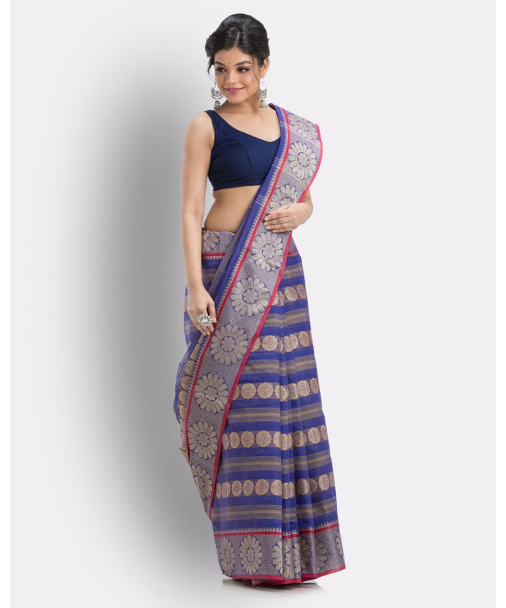 Indigo handwoven shantipuri cotton saree