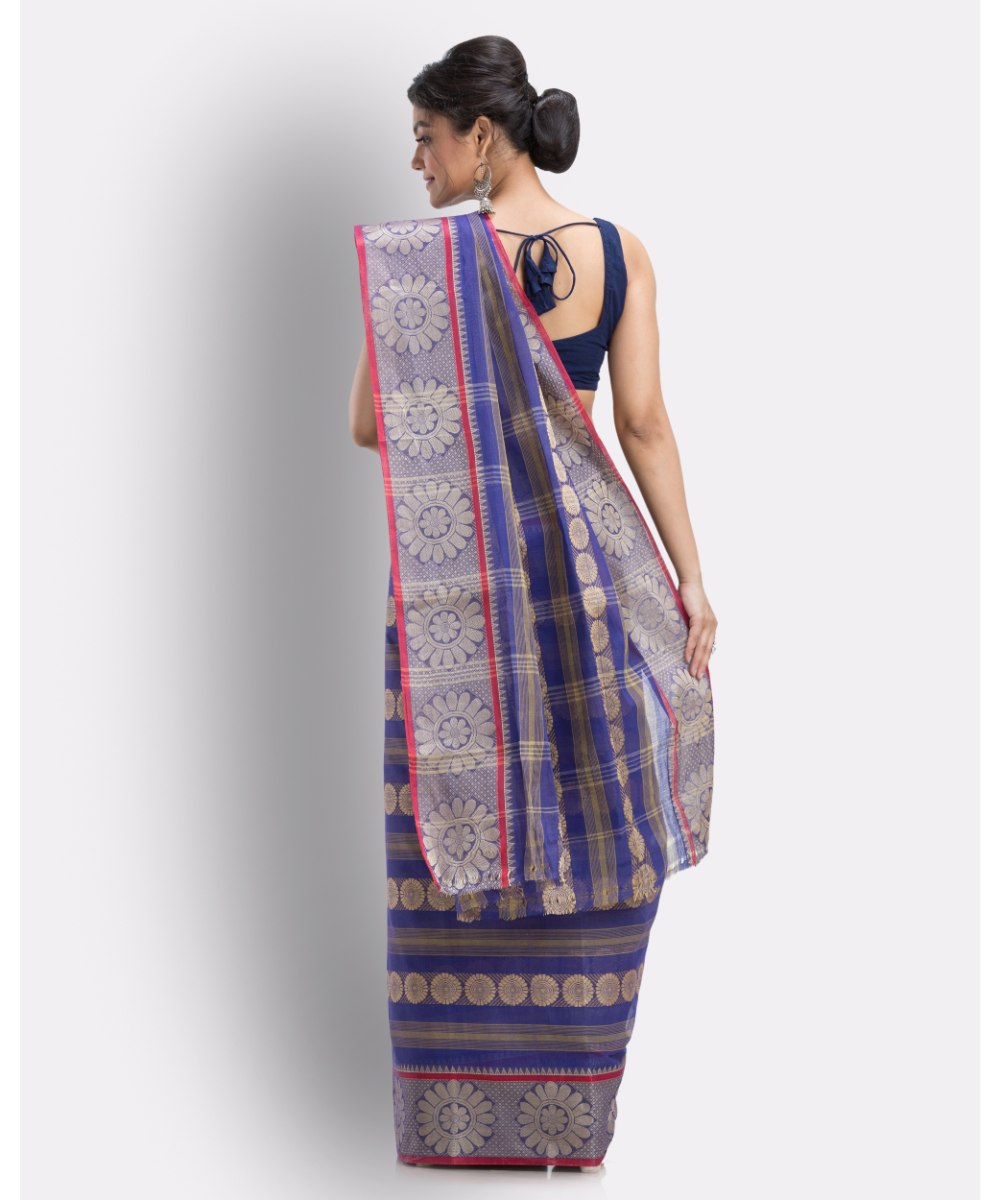 Indigo handwoven shantipuri cotton saree