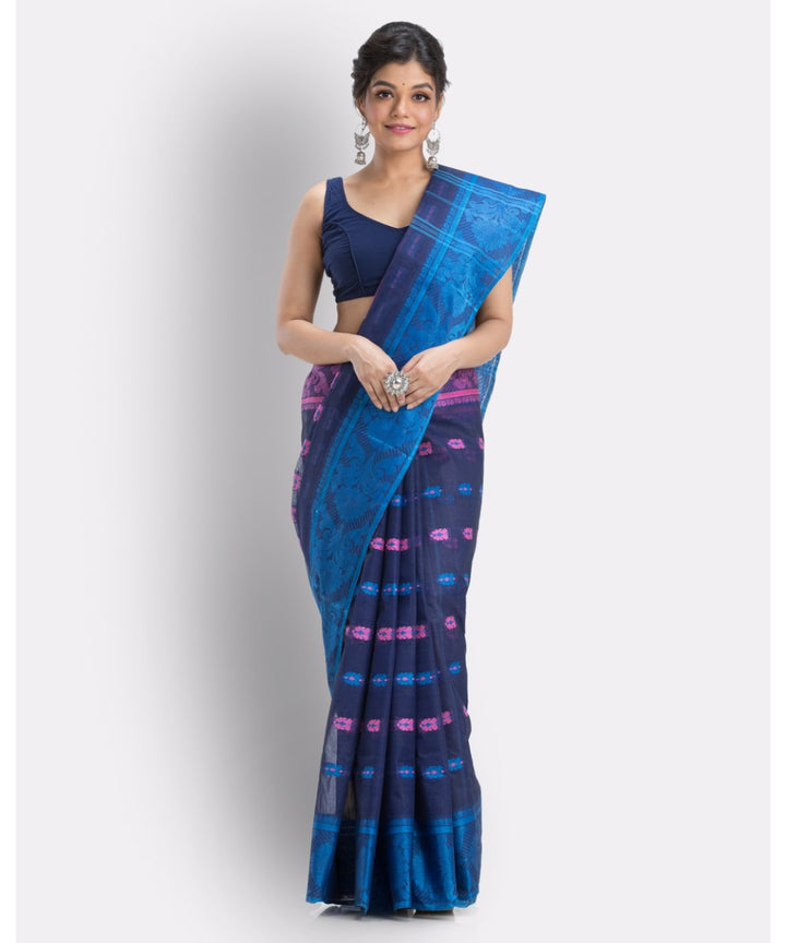 Navy blue handwoven shantipuri cotton saree