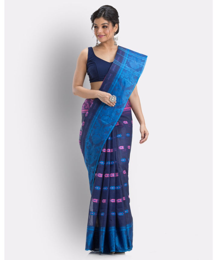 Navy blue handwoven shantipuri cotton saree