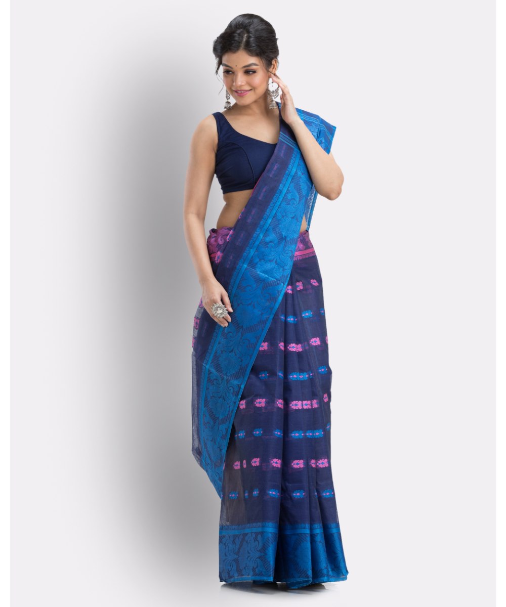 Navy blue handwoven shantipuri cotton saree