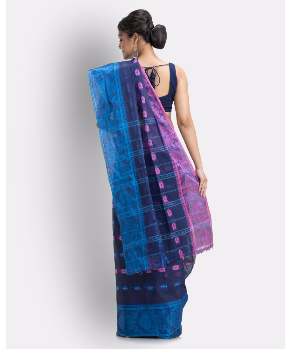 Navy blue handwoven shantipuri cotton saree