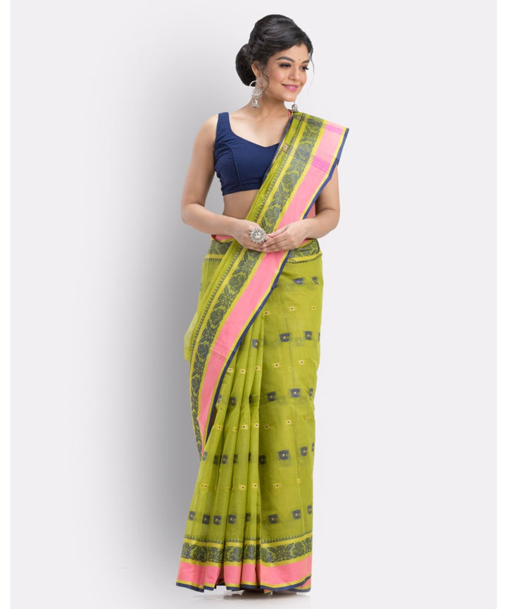 Olive green and pink handwoven shantipuri cotton saree