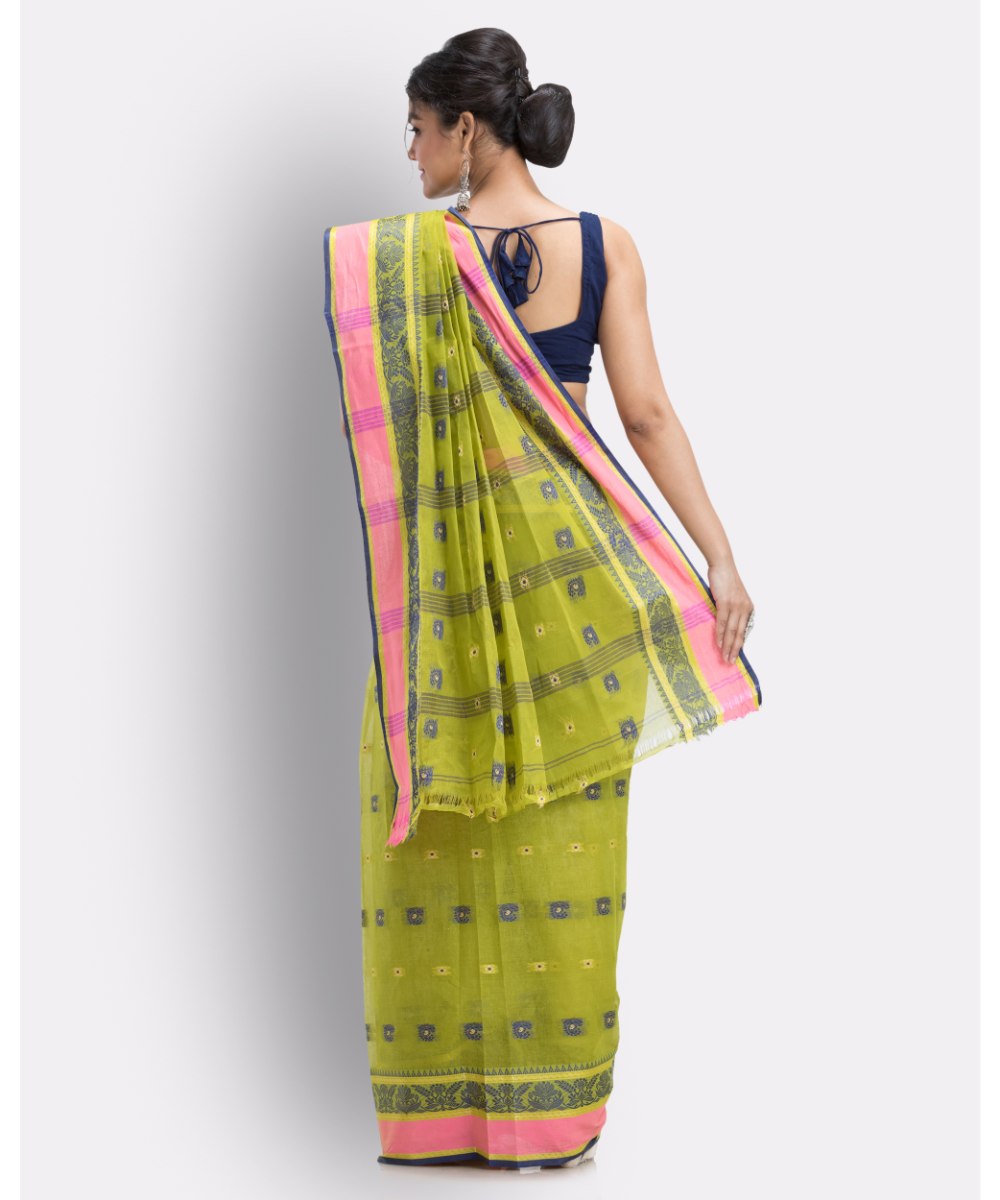 Olive green and pink handwoven shantipuri cotton saree