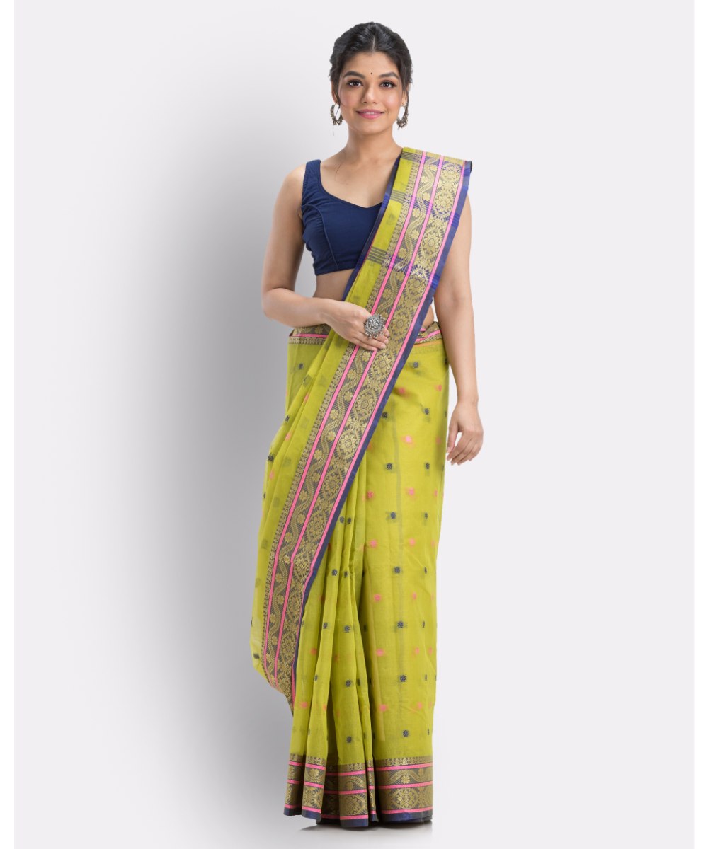 Olive green shantipuri handloom cotton saree