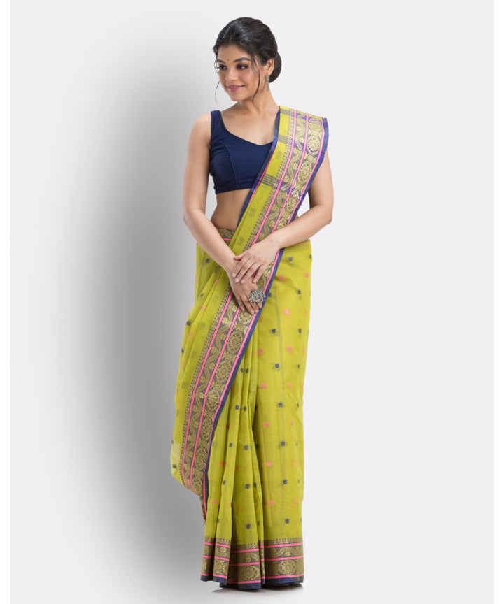 Moss green shantipuri handloom cotton saree