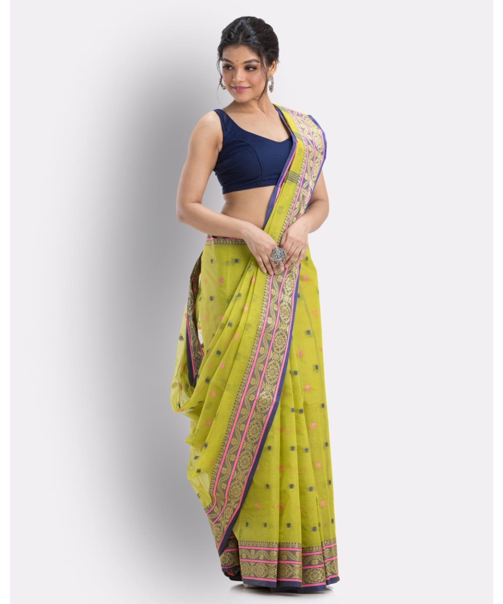 Olive green shantipuri handloom cotton saree