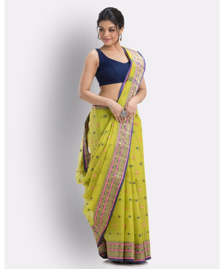 Olive green shantipuri handloom cotton saree