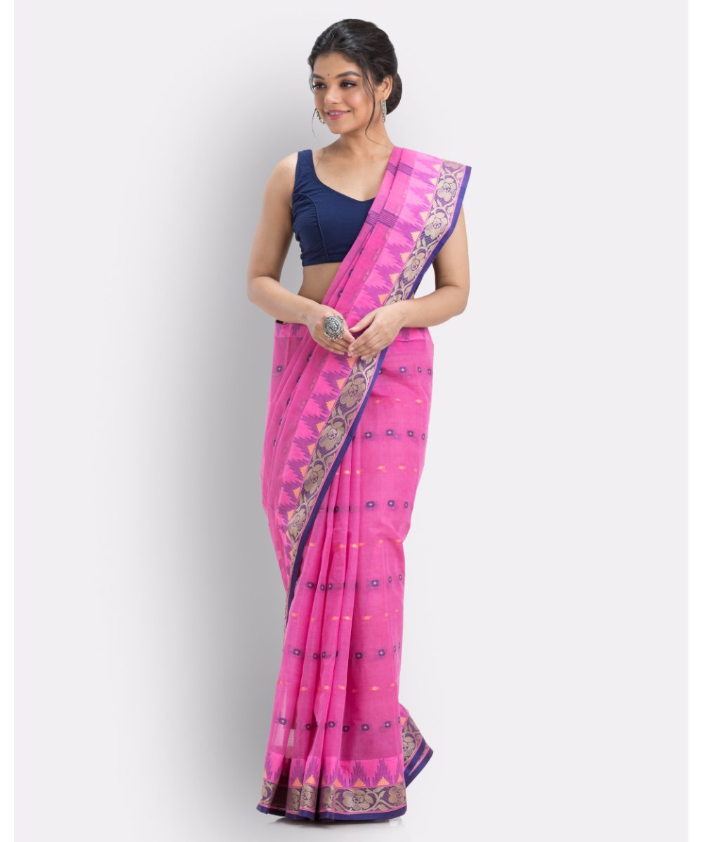 Pink shantipuri handloom cotton saree