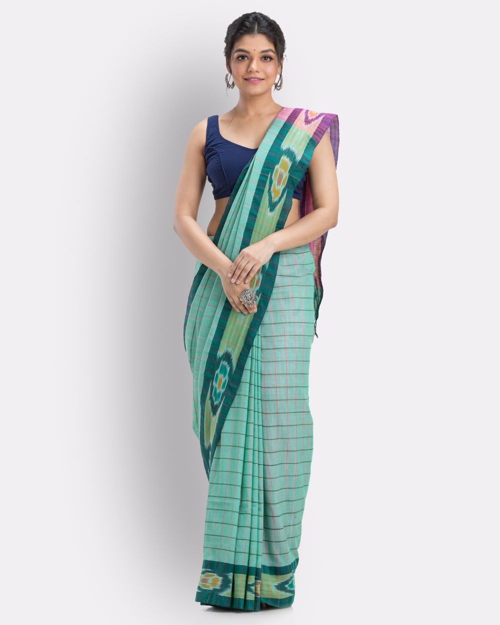 Light green checks handwoven shantipuri cotton saree