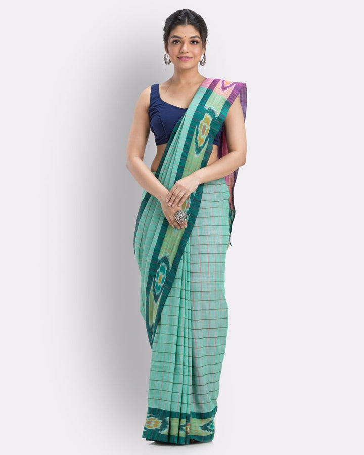 Light green checks handwoven shantipuri cotton saree