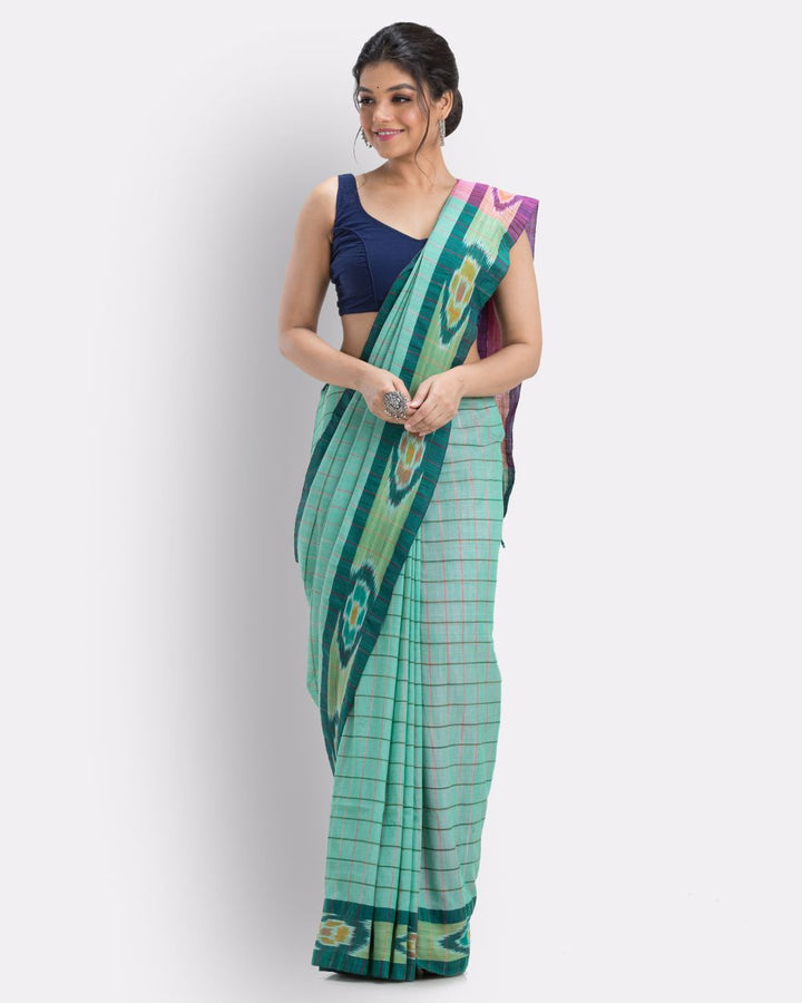 Light green checks handwoven shantipuri cotton saree