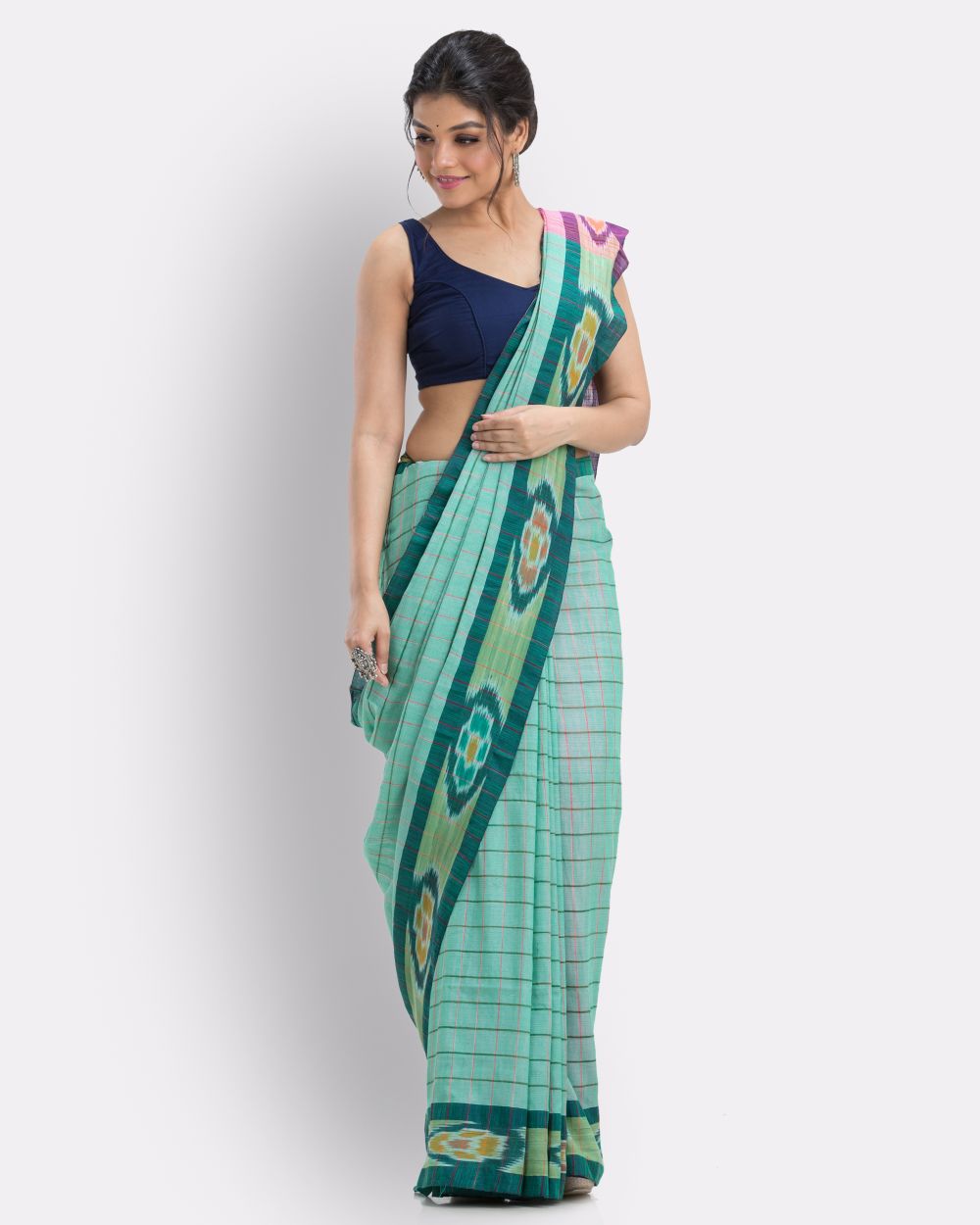 Light green checks handwoven shantipuri cotton saree