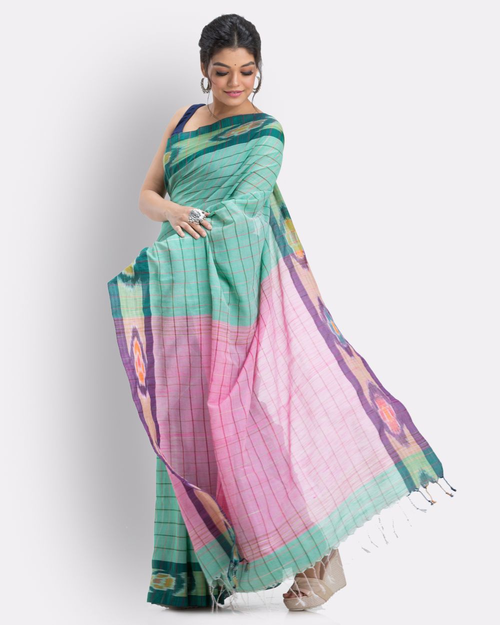 Light green checks handwoven shantipuri cotton saree