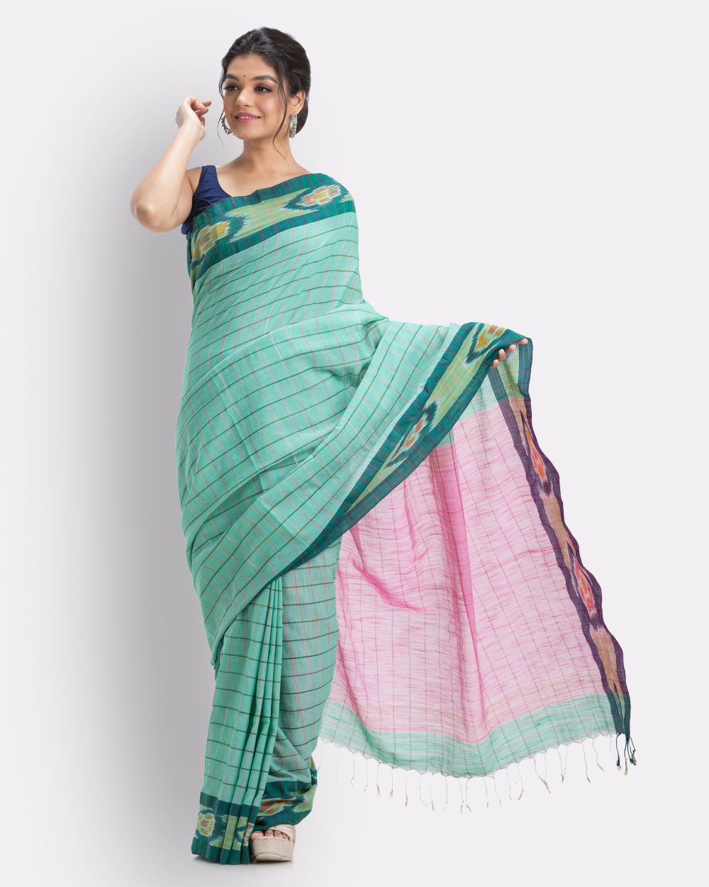 Light green checks handwoven shantipuri cotton saree