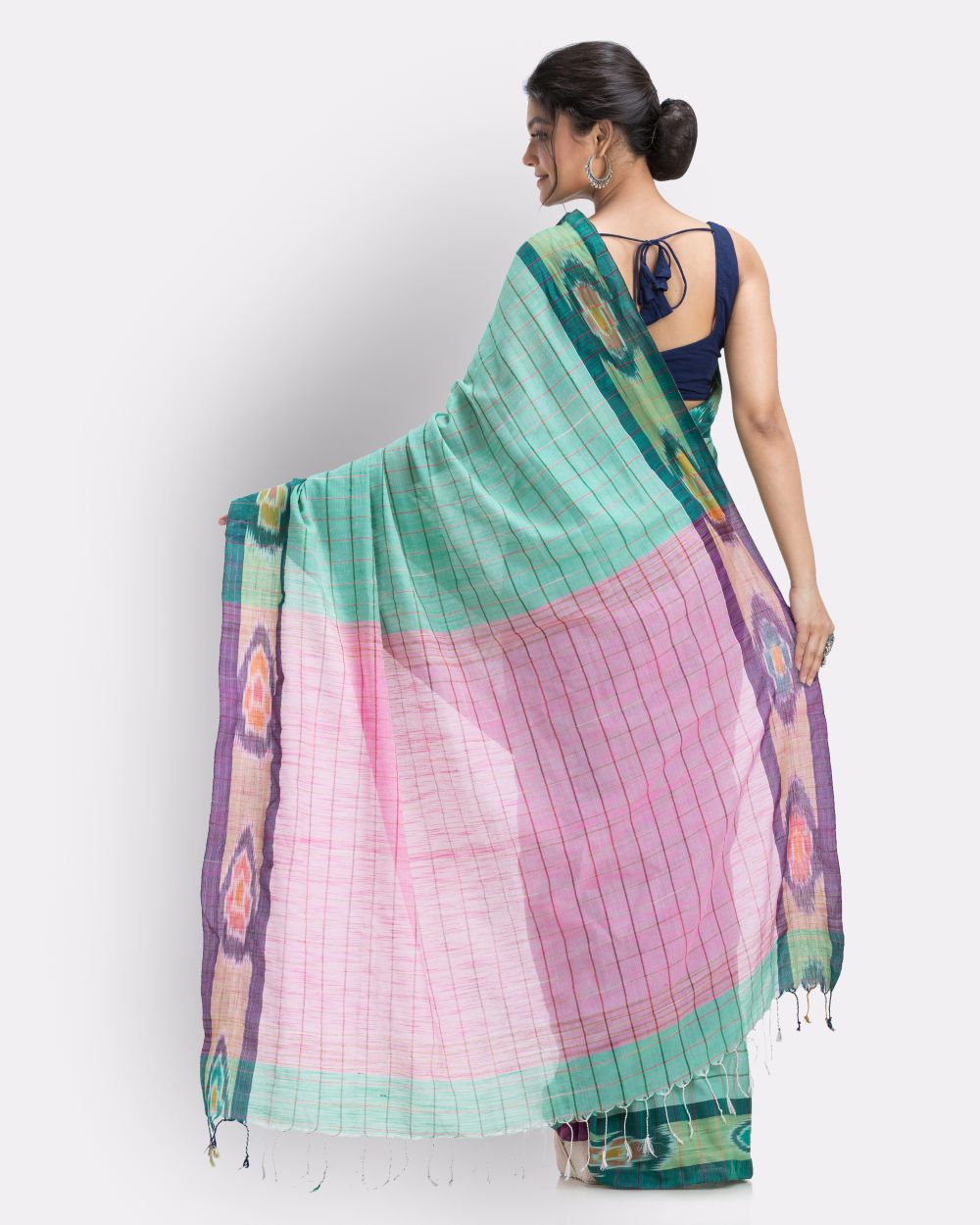 Light green checks handwoven shantipuri cotton saree