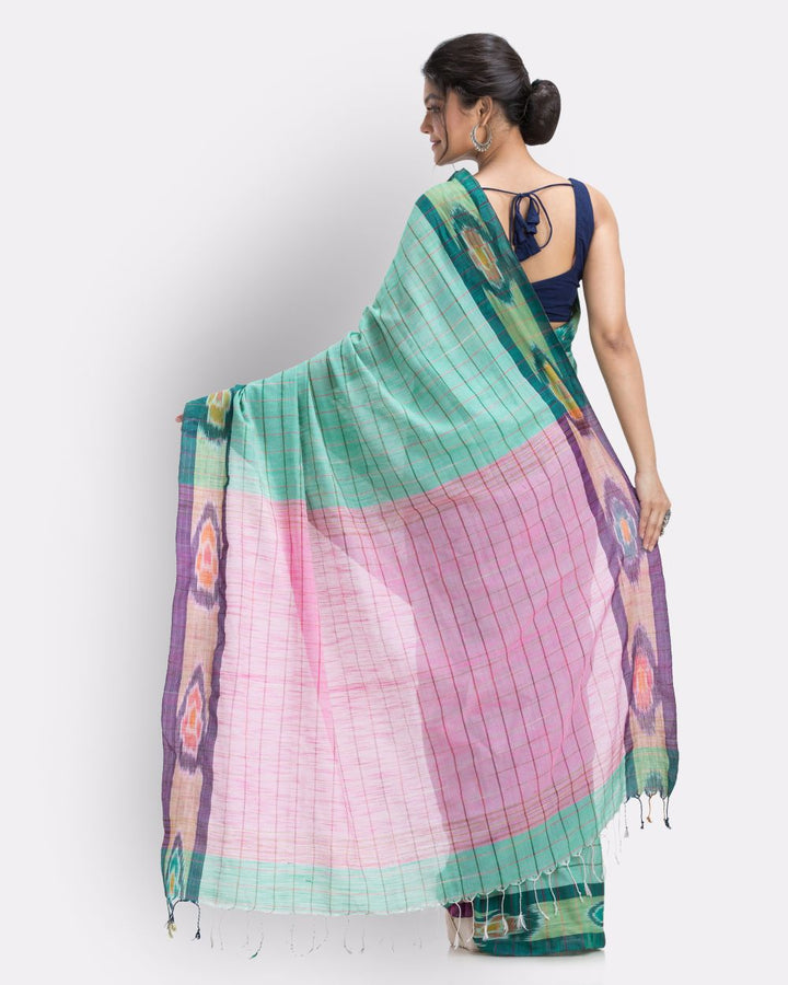 Light green checks handwoven shantipuri cotton saree