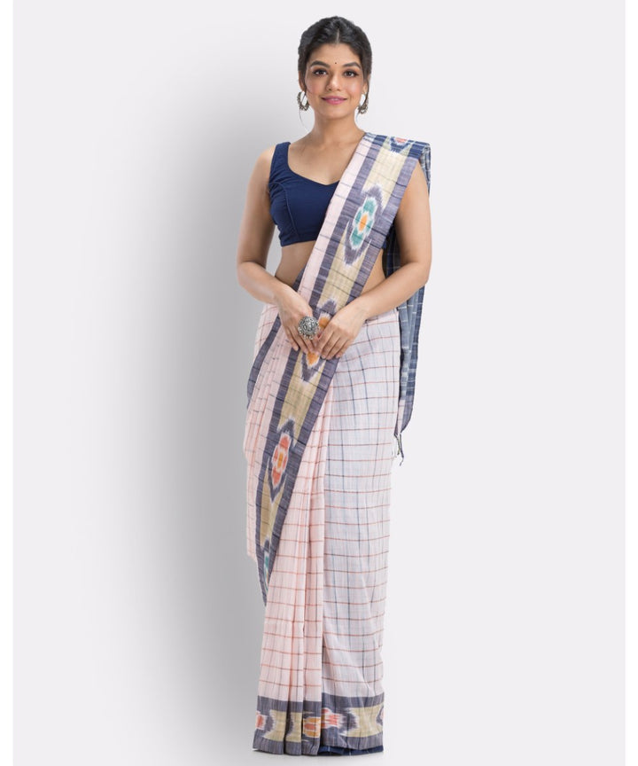 Cream cameo pink checks handwoven shantipuri cotton saree