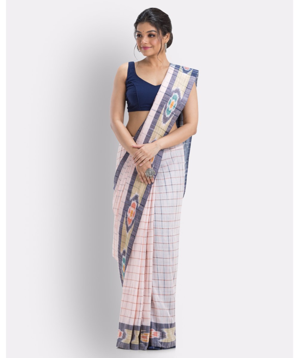 Cream cameo pink checks handwoven shantipuri cotton saree