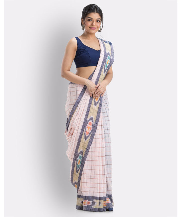 Cream cameo pink checks handwoven shantipuri cotton saree