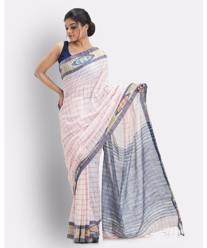 Cream cameo pink checks handwoven shantipuri cotton saree