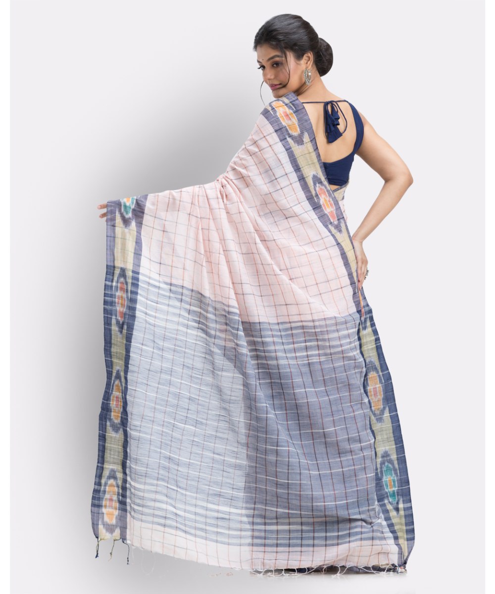 Cream cameo pink checks handwoven shantipuri cotton saree