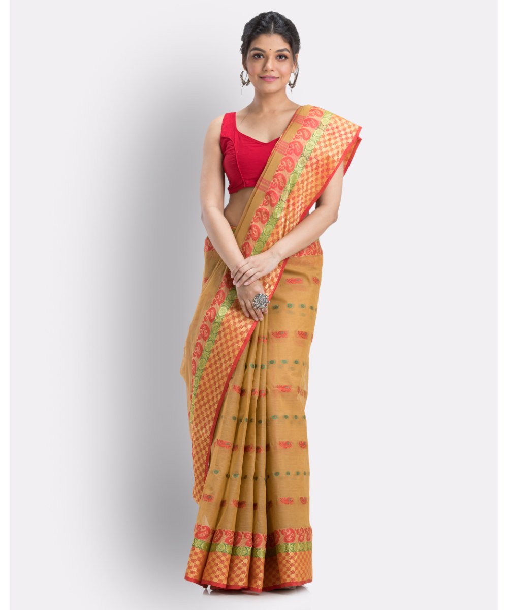 Brown khaki handwoven shantipuri cotton saree