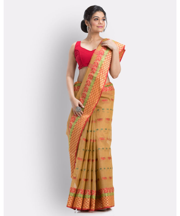 Brown khaki handwoven shantipuri cotton saree