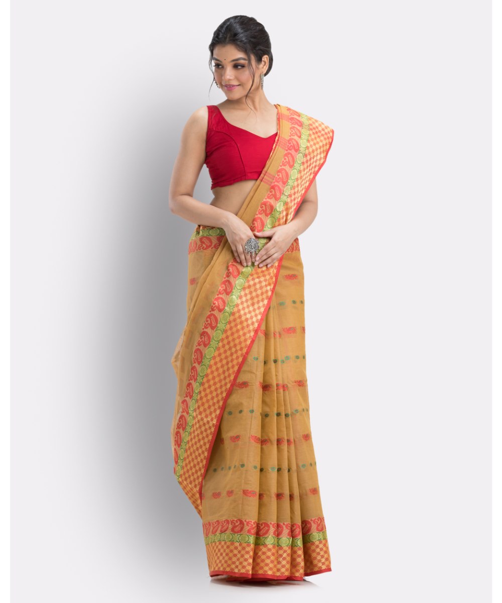 Brown khaki handwoven shantipuri cotton saree