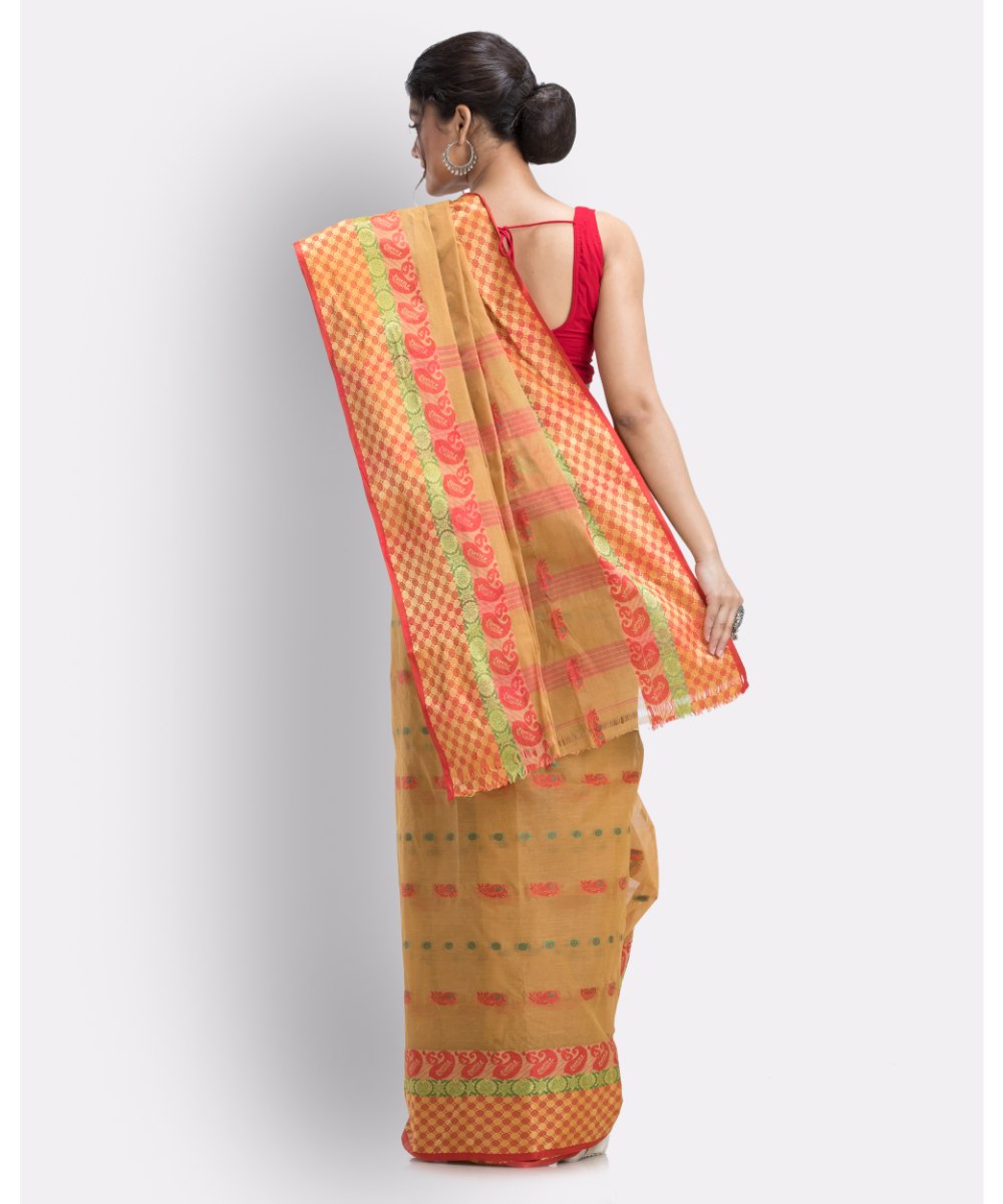 Brown khaki handwoven shantipuri cotton saree