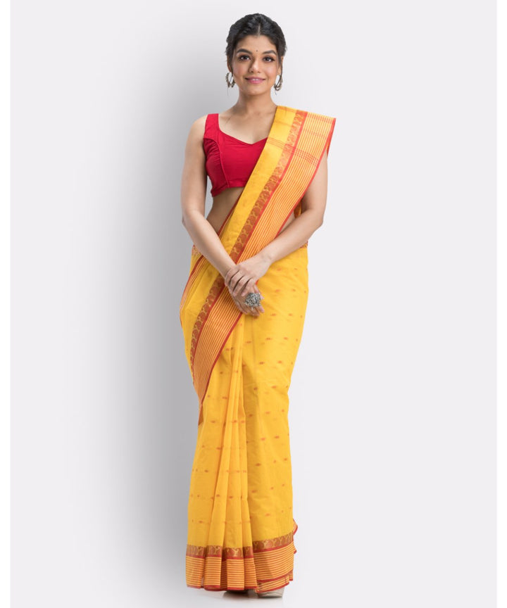 Yellow and red handwoven shantipuri cotton saree