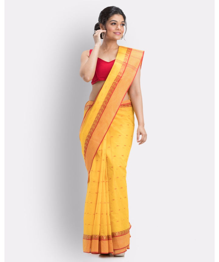 Yellow and red handwoven shantipuri cotton saree