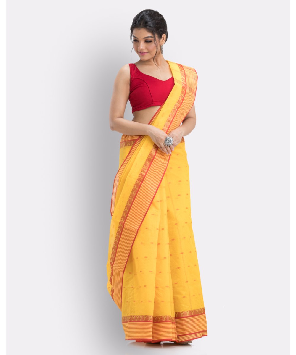 Yellow and red handwoven shantipuri cotton saree