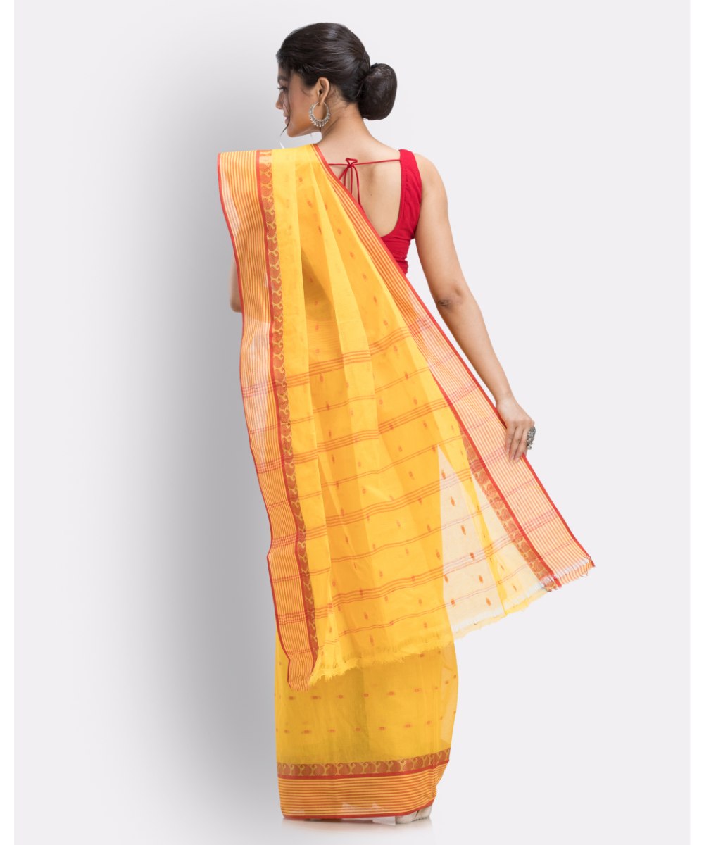 Yellow and red handwoven shantipuri cotton saree