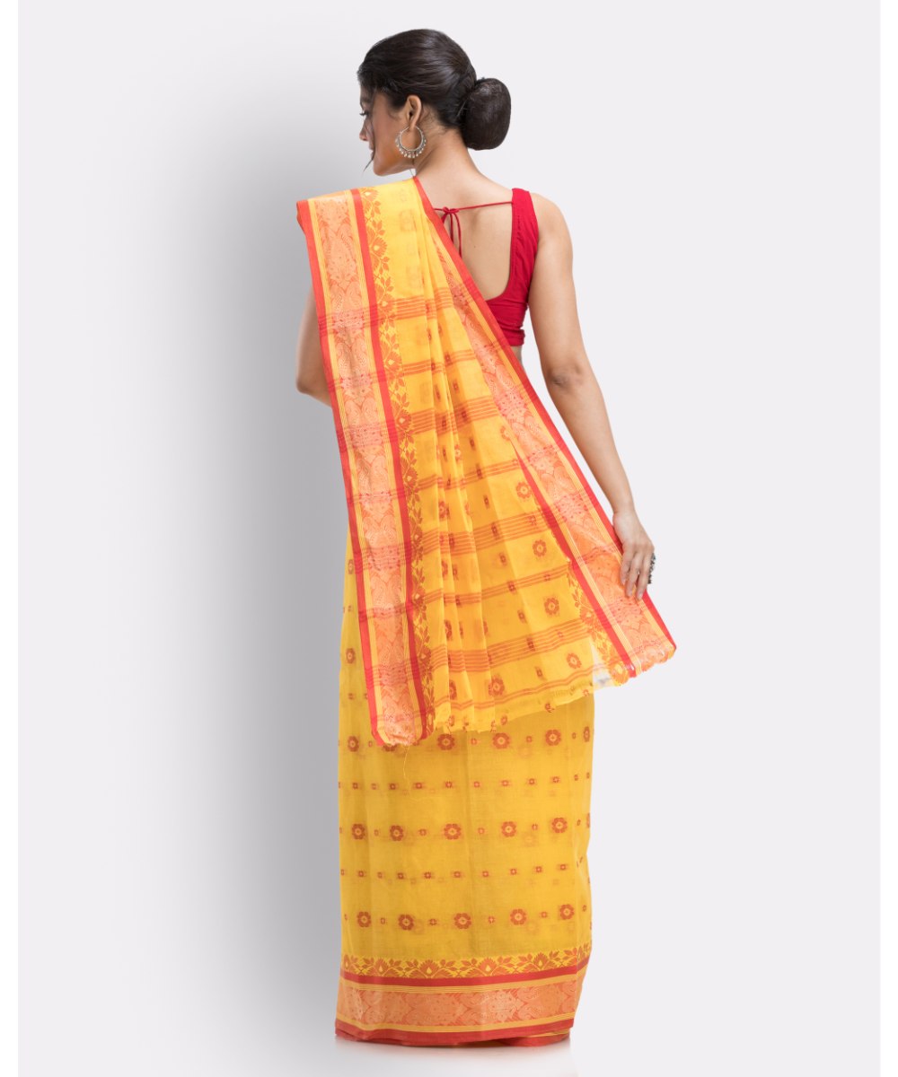 Yellow and red handloom shantipuri cotton saree