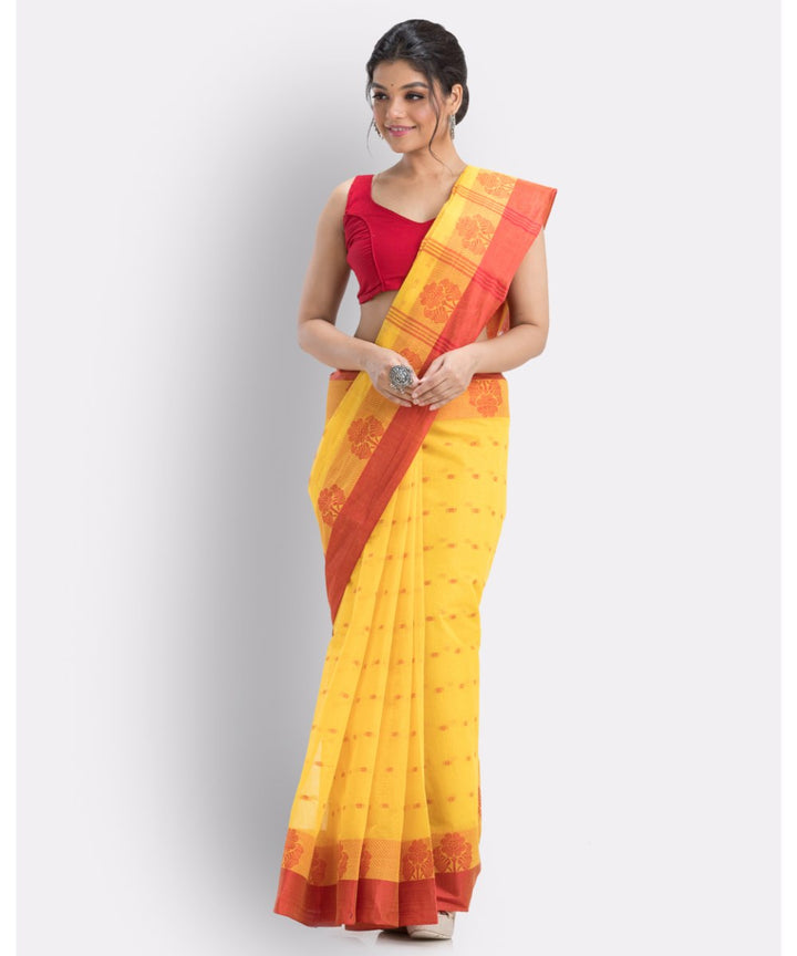 Yellow and red shantipuri handwoven cotton saree