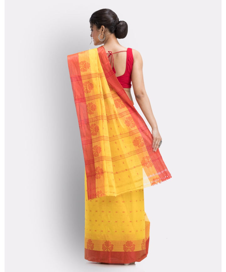Yellow and red shantipuri handwoven cotton saree