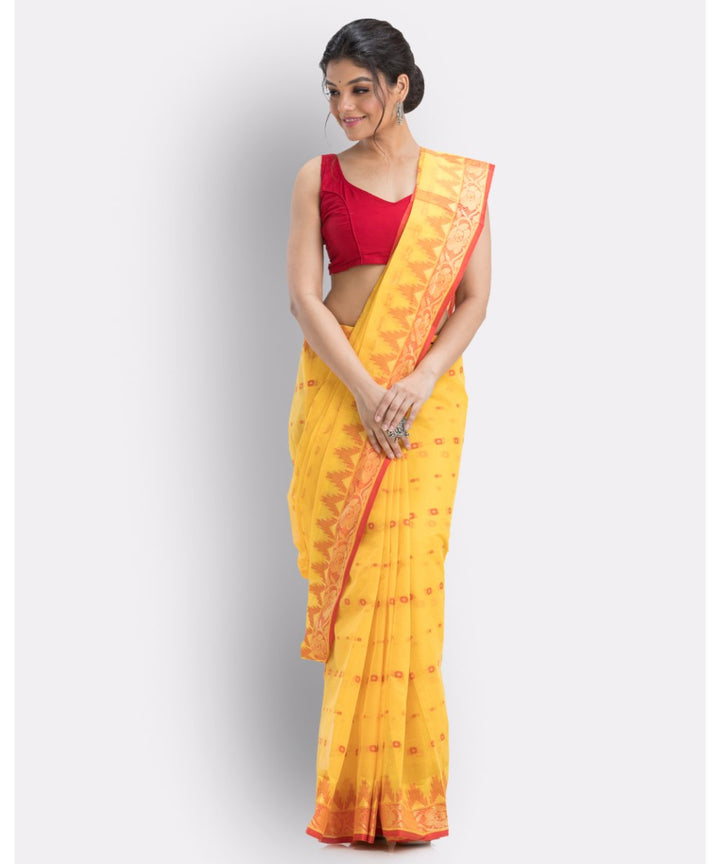 Yellow and red shantipuri handloom cotton saree