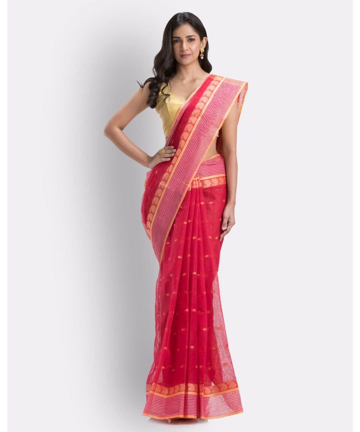 Red handwoven shantipuri cotton saree