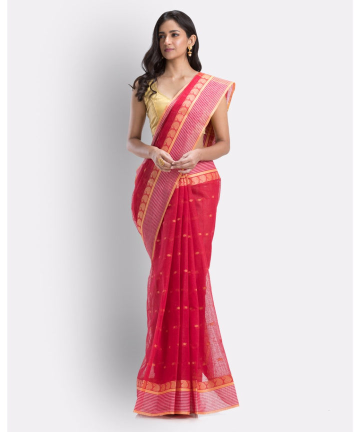 Red handwoven shantipuri cotton saree