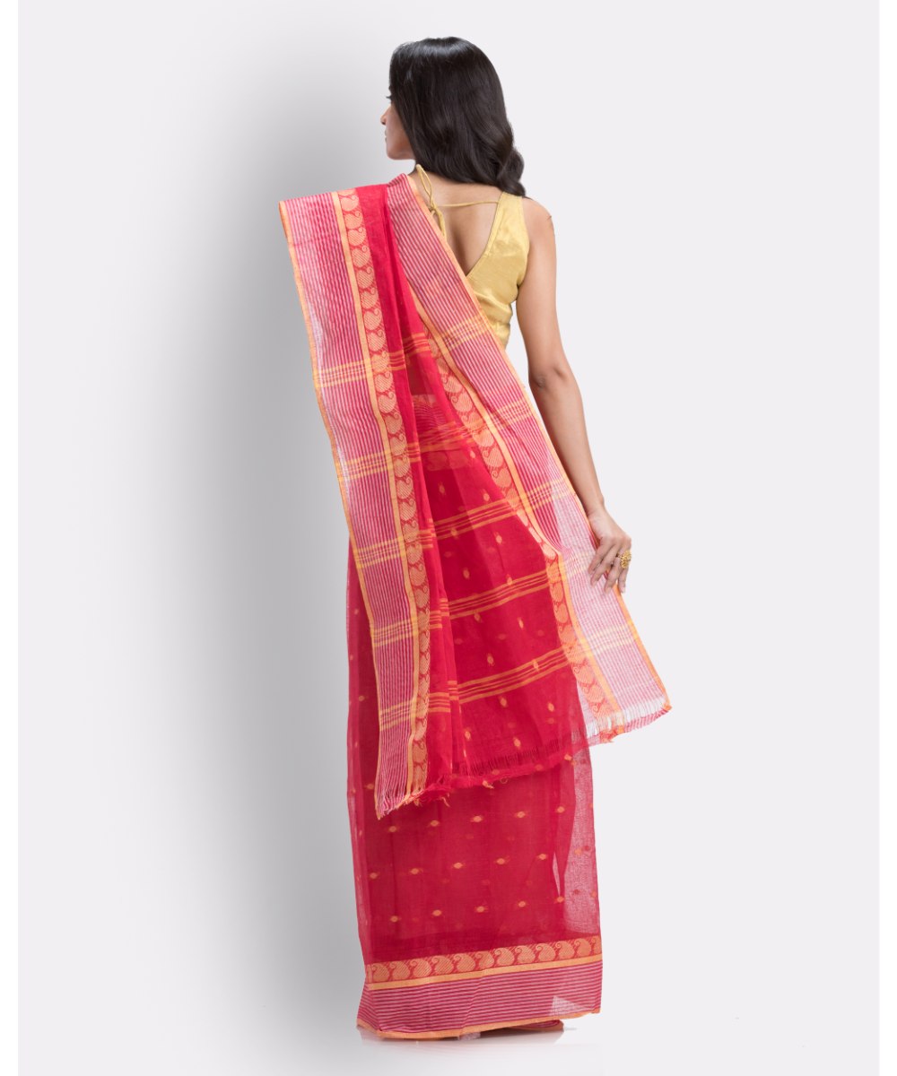 Red handwoven shantipuri cotton saree