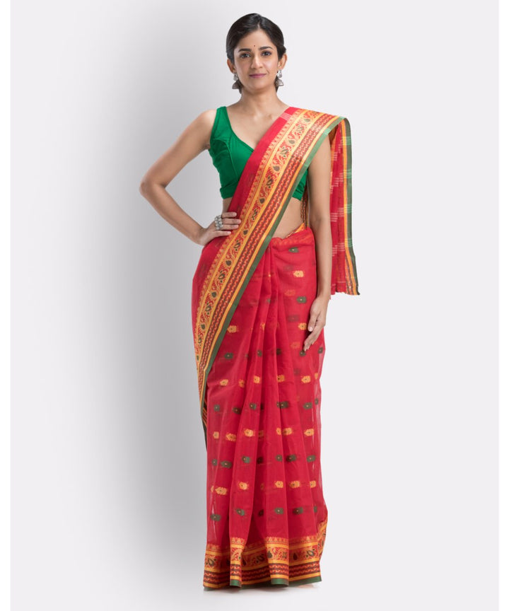 Red and green handwoven shantipuri cotton saree