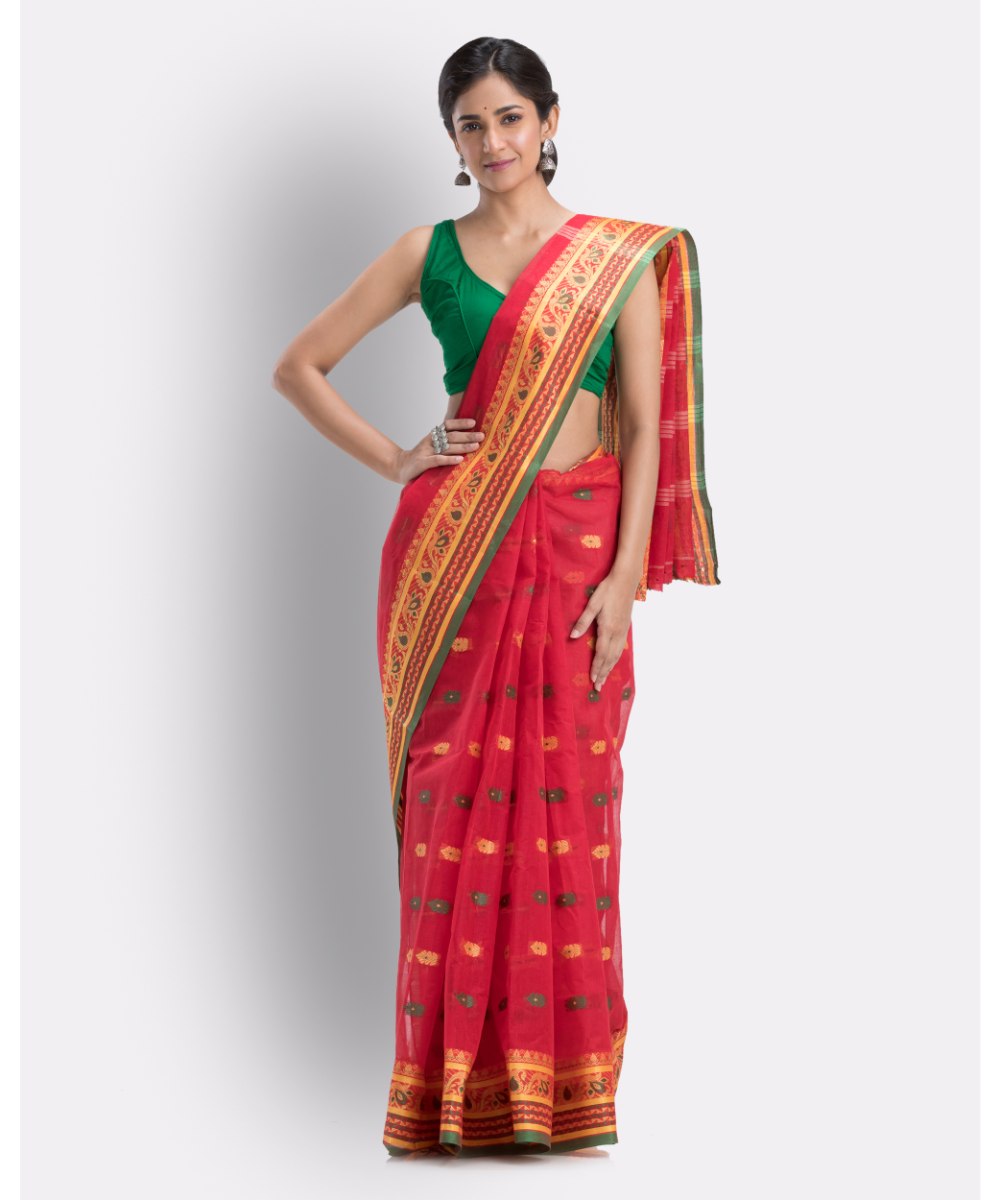 Red and green handwoven shantipuri cotton saree