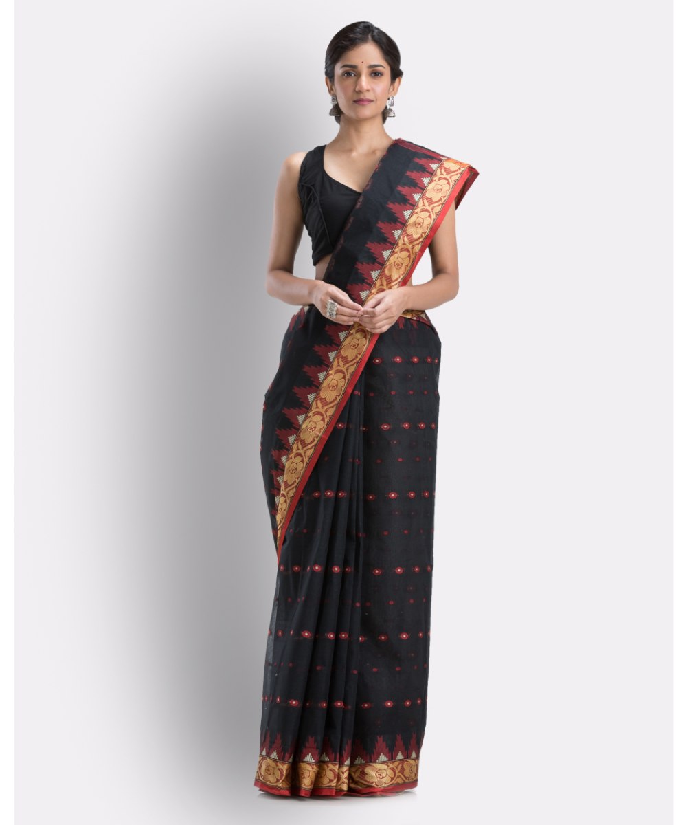 Black handwoven shantipuri cotton saree