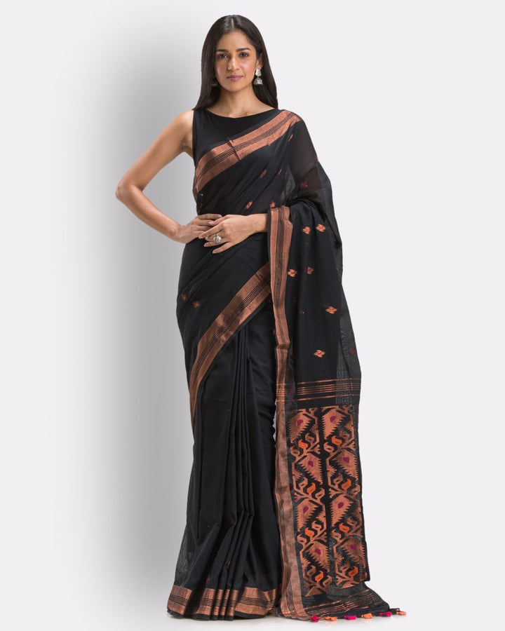 Black handwoven cotton bengal saree