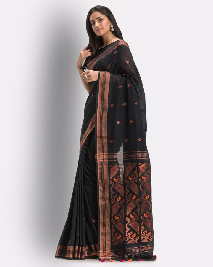 Black handwoven cotton bengal saree