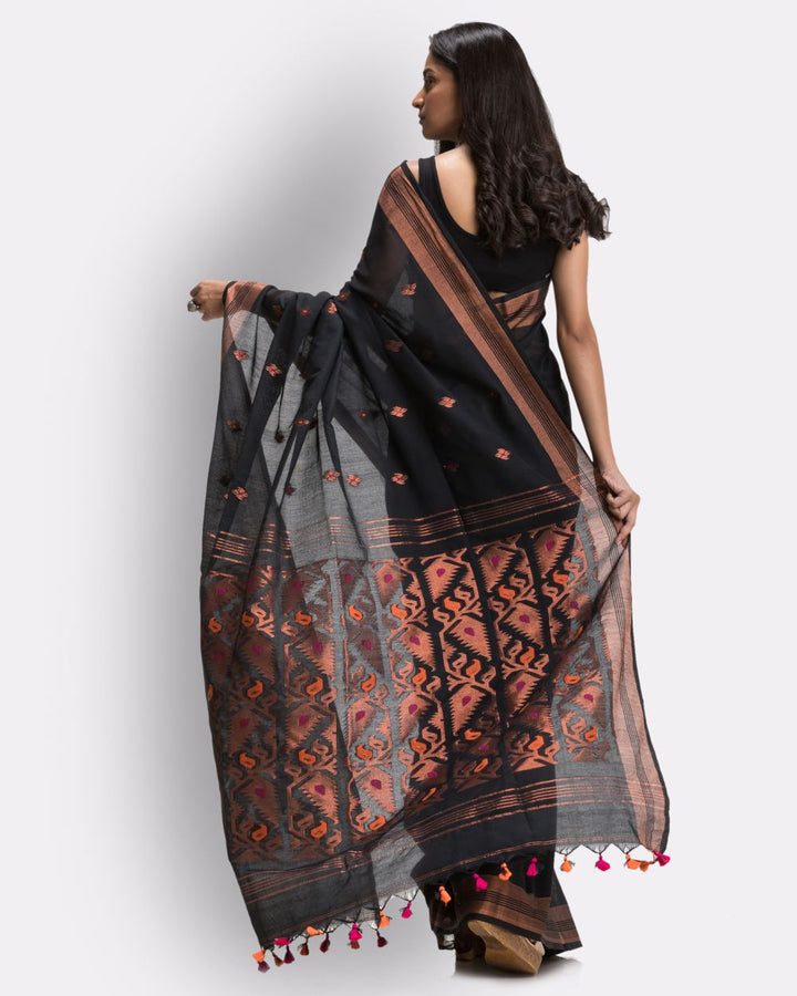 Black handwoven cotton bengal saree