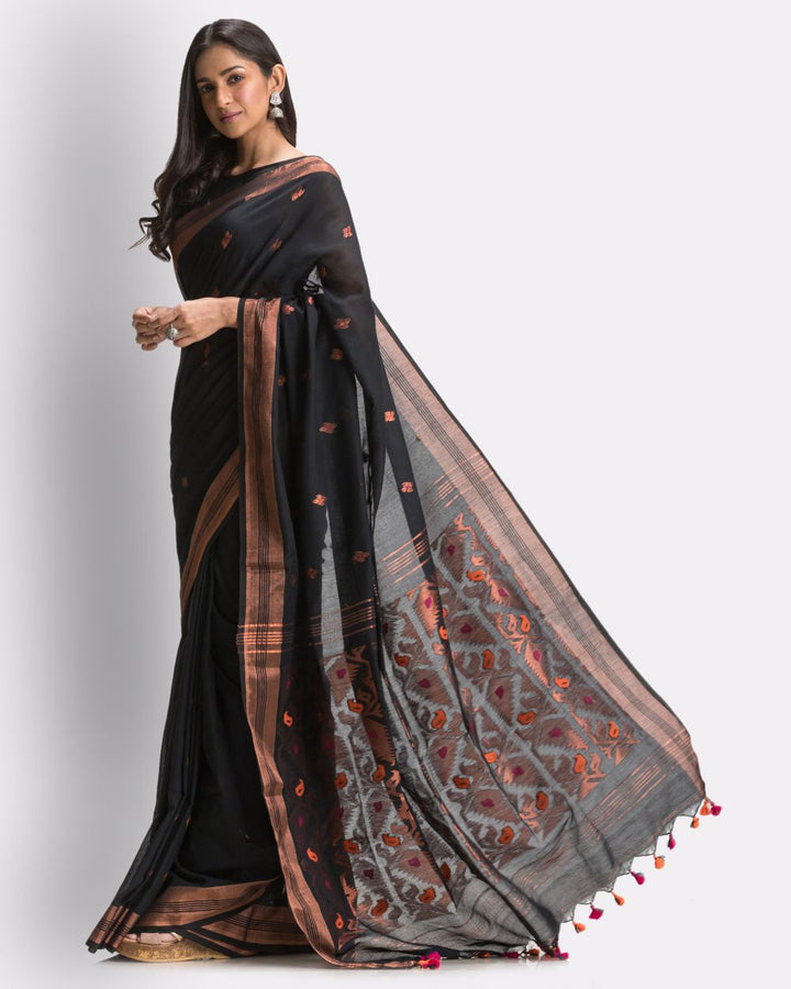 Black handwoven cotton bengal saree