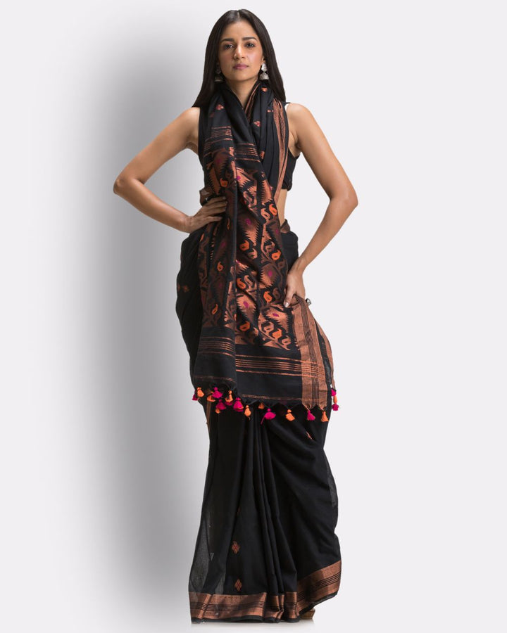 Black handwoven cotton bengal saree