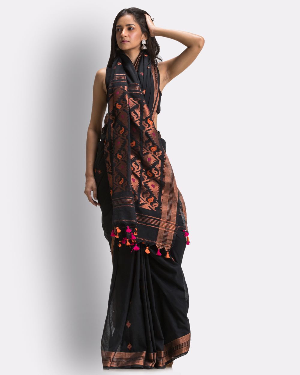 Black handwoven cotton bengal saree